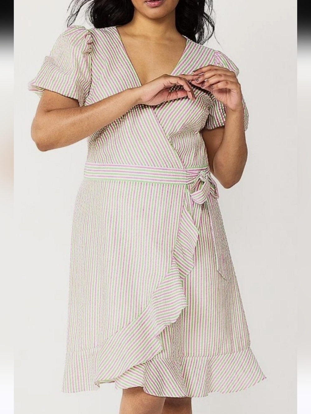 DRAPER JAMES  PINK GREEN WHITE STRIPE PUFF SLEEVE CRINKLE WRAP RUFFLE DRESS Sz L